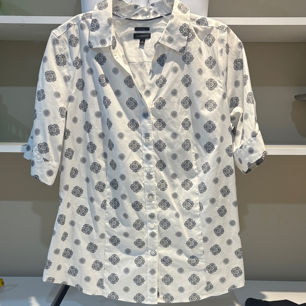 Talbots white and black Floral Blouse